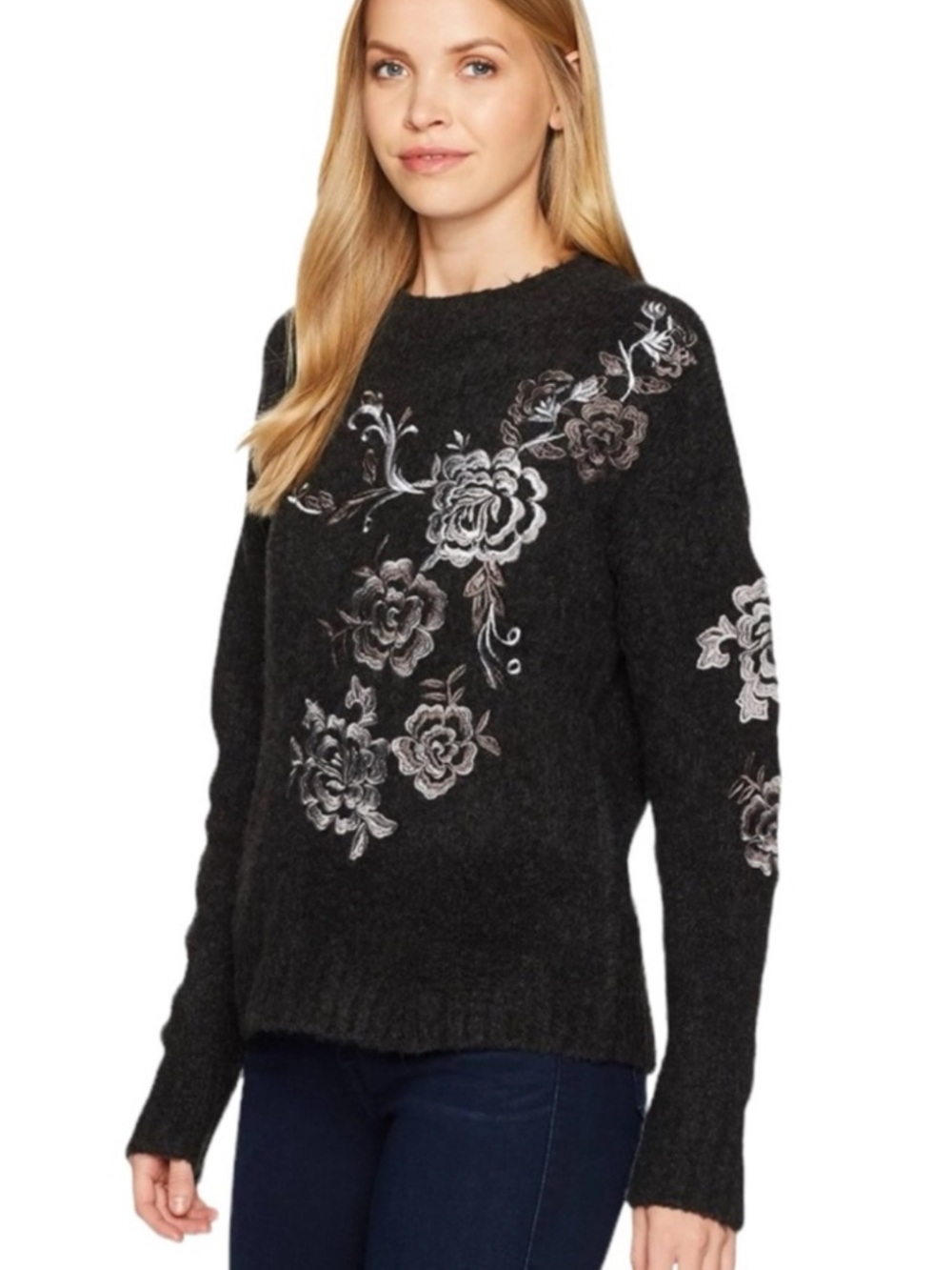 Blank NYC charcoal embroidered back zip sweater worn once